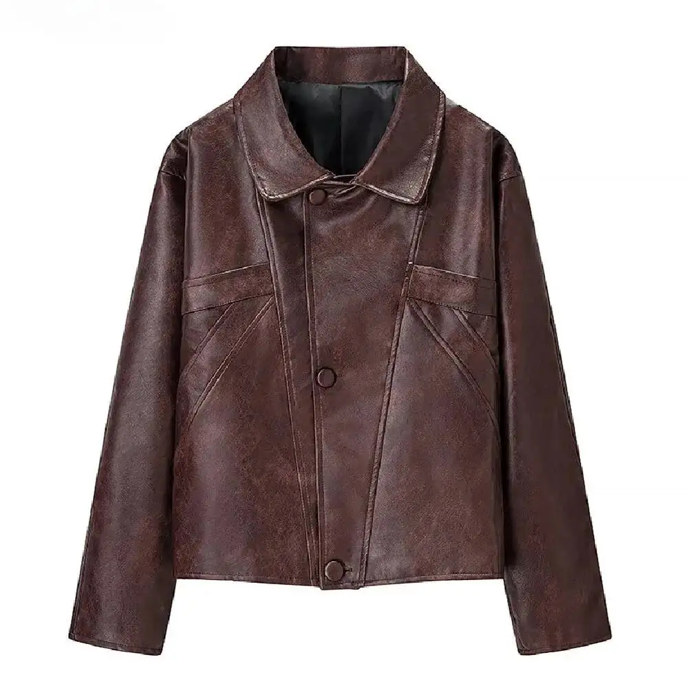 2025 Autumn American Retro Women Washing Brown PU Leather Jacket Lapel 3 Buttons Full Sleeve Coat Loose Short Outerwear
2025 Autumn American Retro Women Washing Brown PU Leather Jacket Lapel 3 Buttons Full Sleeve Coat Loose Short Outerwear
