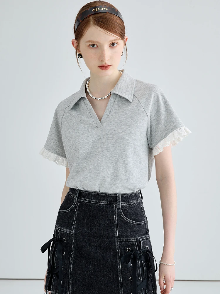 MOLAN Lace Trim Sleeves Polo Collar Woman T-shirt Summer New Crop Fashion Short Small Casual Slim T-shirt Simple Clothing
MOLAN Lace Trim Sleeves Polo Collar Woman T-shirt Summer New Crop Fashion Short Small Casual Slim T-shirt Simple Clothing
