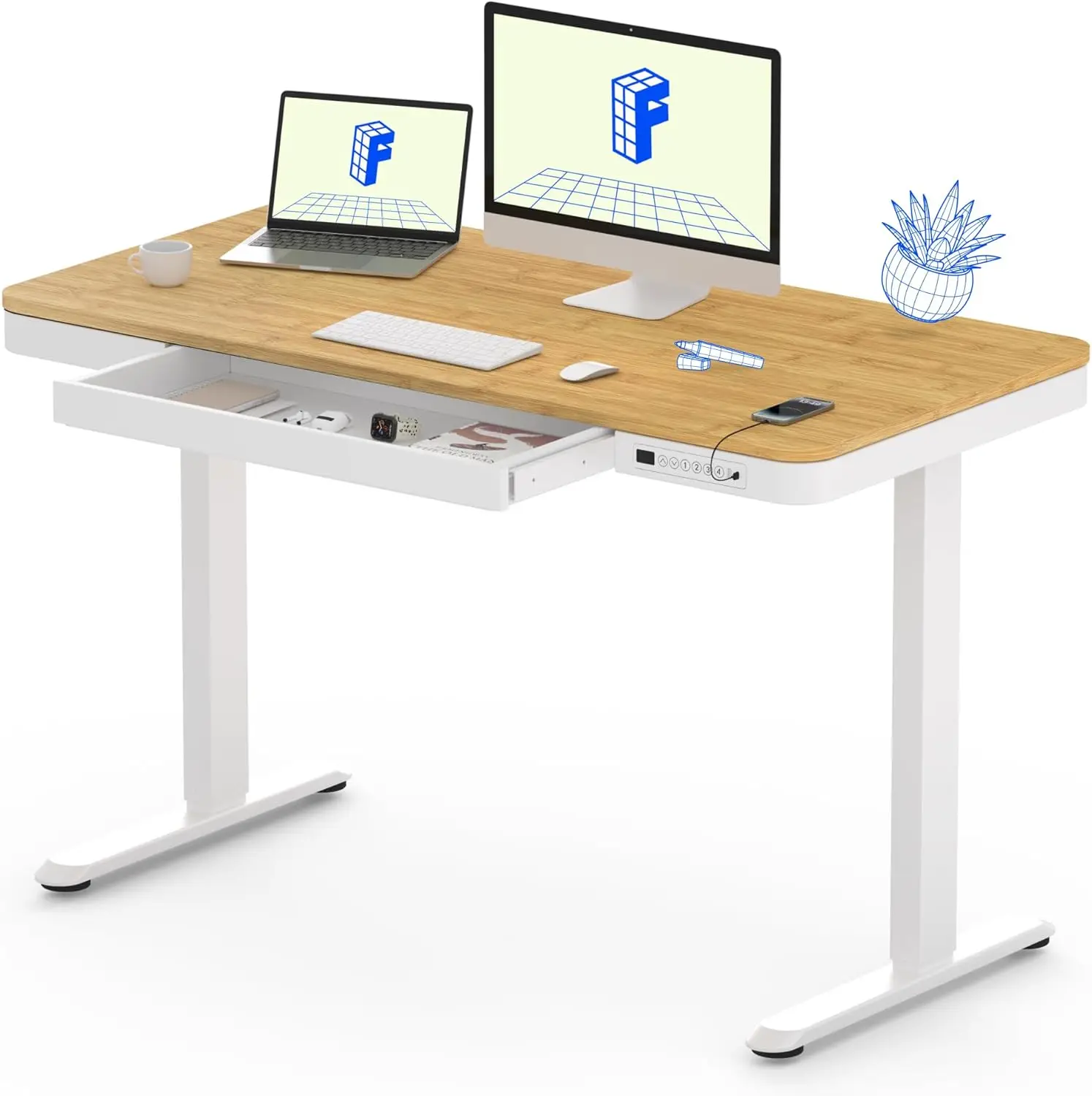 Electric Standing Desk with Drawer Desktop and Adjustable Frame, USB Charging Ports, Bamboo-Look Laminate/White Wood Finish
Electric Standing Desk with Drawer Desktop and Adjustable Frame, USB Charging Ports, Bamboo-Look Laminate/White Wood Finish