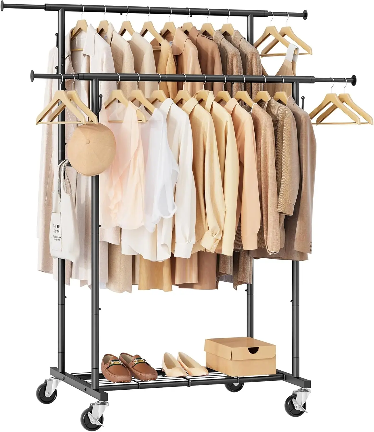 Double Rod Garment Rack with Wheels Heavy Duty Rolling Clothes Rack For Hanging Clothes Portable Metal Clothing Rack with Shelve
Double Rod Garment Rack with Wheels Heavy Duty Rolling Clothes Rack For Hanging Clothes Portable Metal Clothing Rack with Shelve