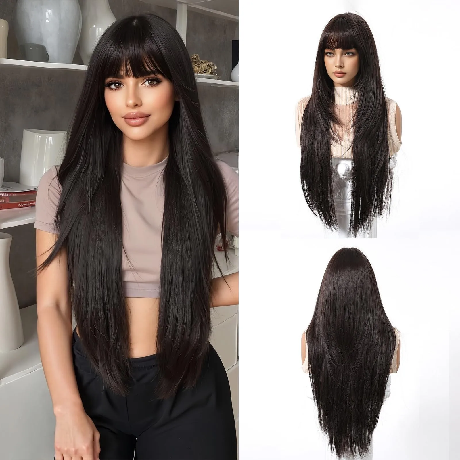 Dark Brown Synthetic Wig with Bangs Glueless Long Straight Layered Wigs for W...
Dark Brown Synthetic Wig with Bangs Glueless Long Straight Layered Wigs for W...