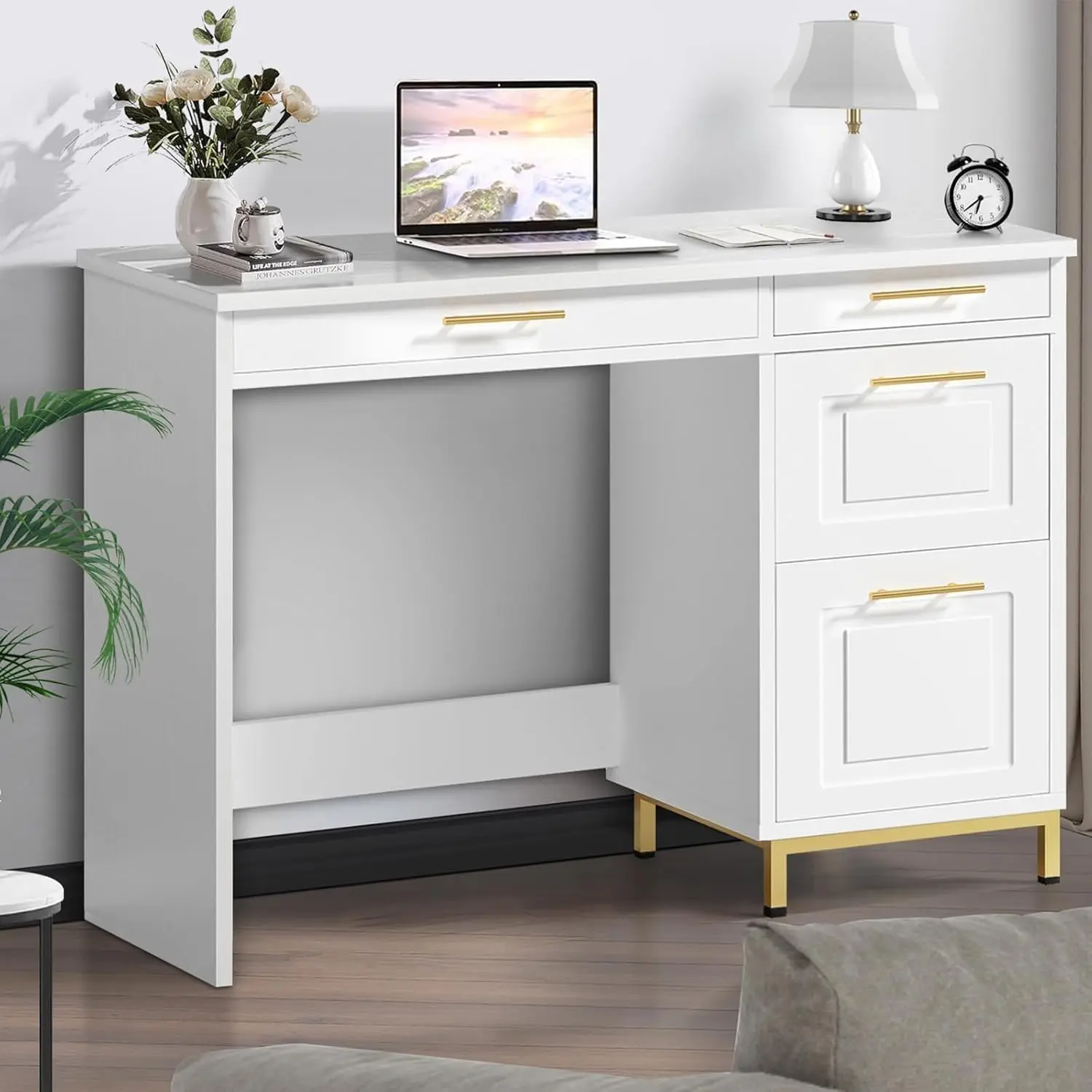 White Desk With Drawers, 43 H Computer Desk With Drawers And Golden Handles, Wood Desk With Storage, Writing Desk For Home
White Desk With Drawers, 43 H Computer Desk With Drawers And Golden Handles, Wood Desk With Storage, Writing Desk For Home