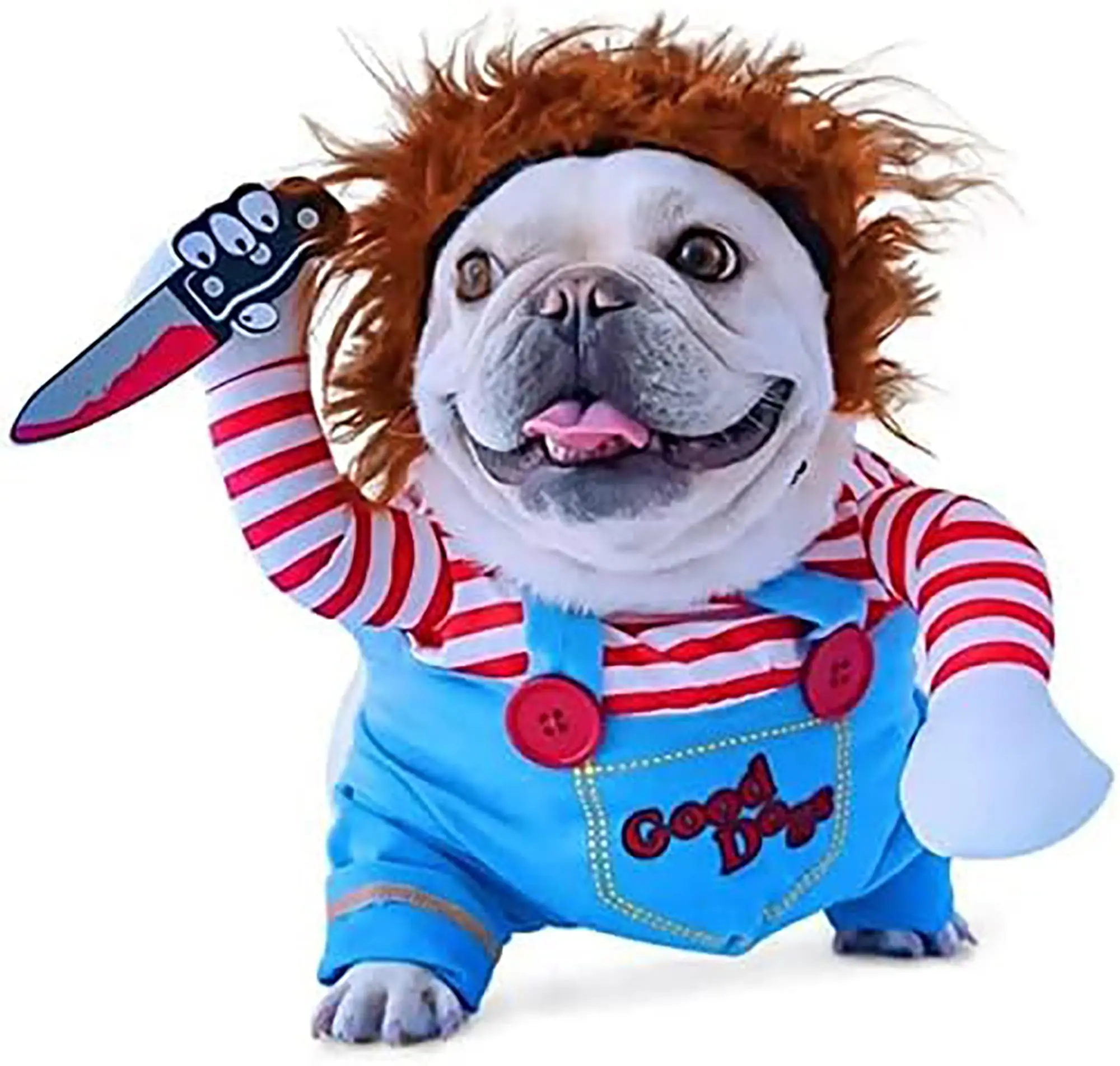 Halloween Chucky Dog Costume Outfit with Knife Wig Funny Dog Clothes Fancy Dress Cosplay for Pet Small Medium Cat Doggy Puppy
Halloween Chucky Dog Costume Outfit with Knife Wig Funny Dog Clothes Fancy Dress Cosplay for Pet Small Medium Cat Doggy Puppy
