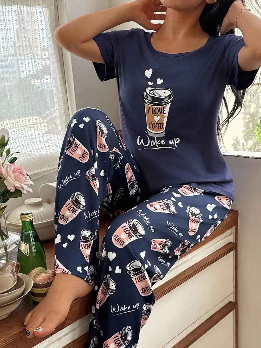 Women Coffee Cup Print Round Neck Short Sleeve Pajama Set Comfortable Sleepwear Two Piece Set
Women Coffee Cup Print Round Neck Short Sleeve Pajama Set Comfortable Sleepwear Two Piece Set