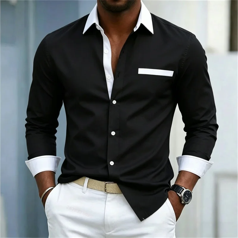 2026 new men's shirt color blocking men's shirt black and white color blocking lapel slim fit long sleeved business casual shirt
2026 new men's shirt color blocking men's shirt black and white color blocking lapel slim fit long sleeved business casual shirt