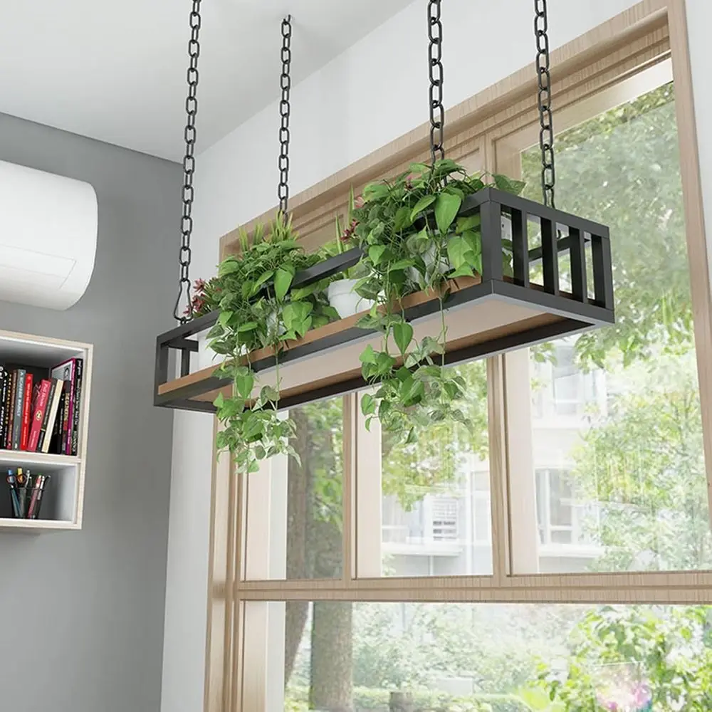 Wooden Ceiling Shelf with Black Iron Hanging Basket, Plant Rack for Home and Garden (120 x 25 x 15 cm)
Wooden Ceiling Shelf with Black Iron Hanging Basket, Plant Rack for Home and Garden (120 x 25 x 15 cm)