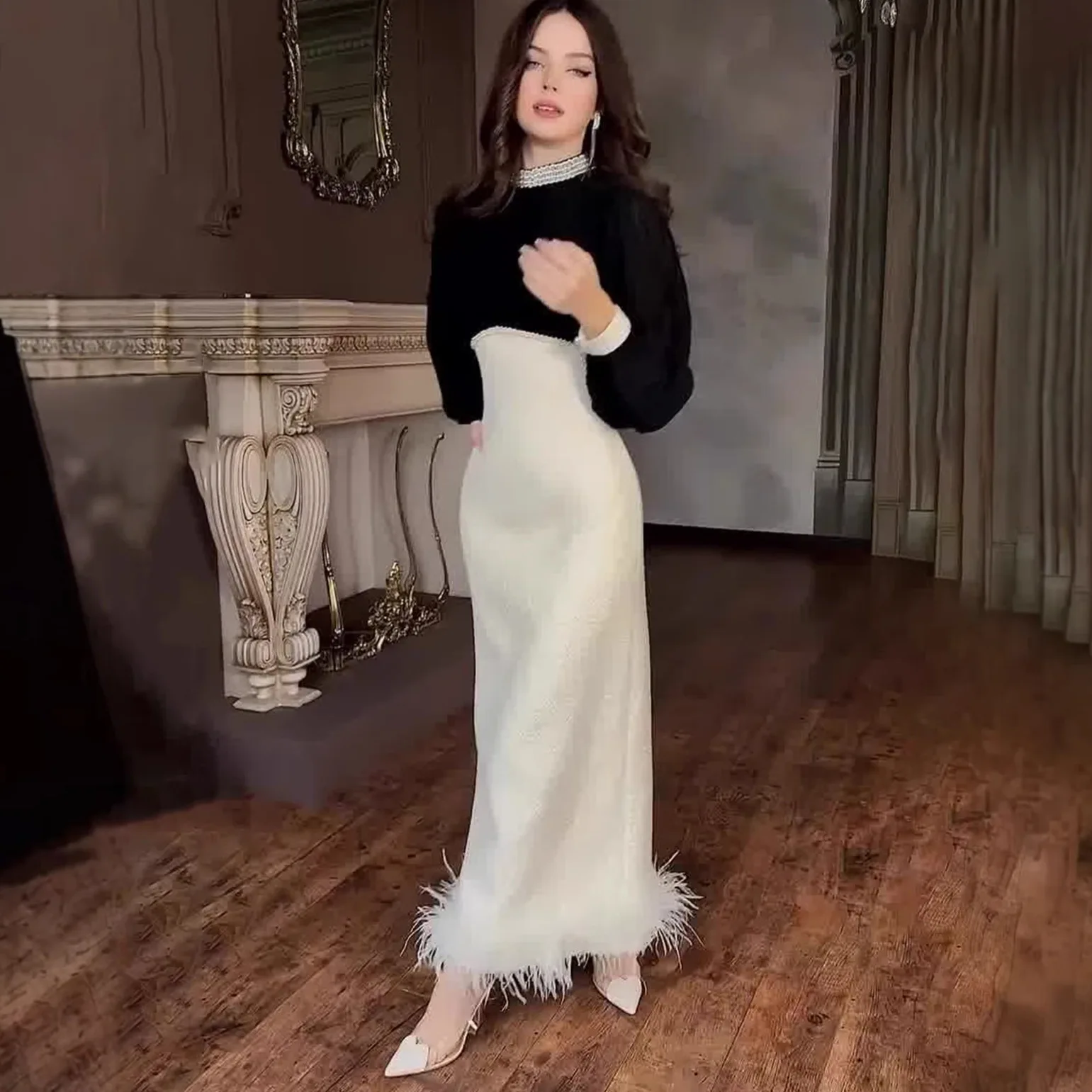 Elegant Dress with Faux Fur Collar Pearl Trim Slim Fit Dresses for Women Spring Summer Evening Dresses Matching Set
Elegant Dress with Faux Fur Collar Pearl Trim Slim Fit Dresses for Women Spring Summer Evening Dresses Matching Set
