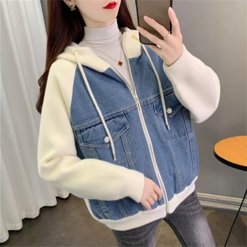 Women Winter Autumn Knitted Cardigan Spliced Denim Jean Pockets Hoodies Drawstring Jacket Long Sleeve Casual Korean Coat Y2K
Women Winter Autumn Knitted Cardigan Spliced Denim Jean Pockets Hoodies Drawstring Jacket Long Sleeve Casual Korean Coat Y2K