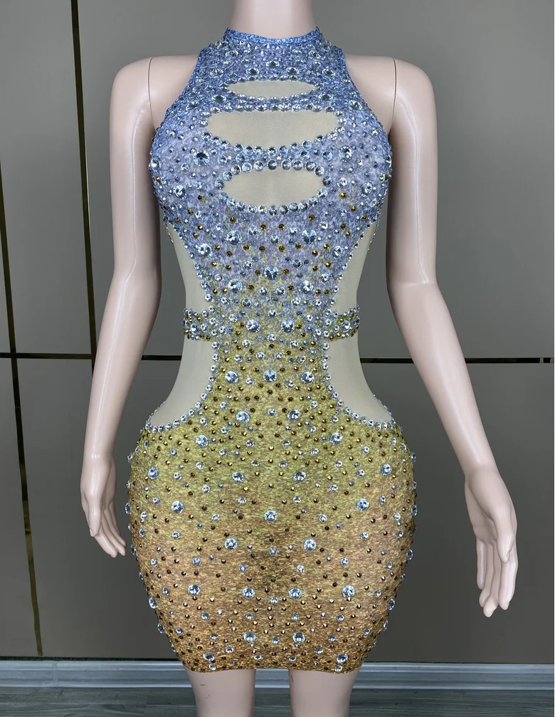 Bling Silver Rhinestones Crystals Sleeveless Dress Sexy Stretch Mesh Outfit Dance Stage Birthday Celebrate Performance Costume
Bling Silver Rhinestones Crystals Sleeveless Dress Sexy Stretch Mesh Outfit Dance Stage Birthday Celebrate Performance Costume