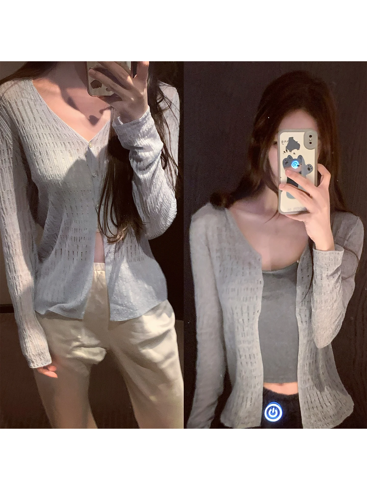 Amor Pure Desire Baby Blue ey Two-tone Thin Long Sve V-ne Hollow out Sun Protection Open Cardigan Top Women's Knittedwear
Amor Pure Desire Baby Blue ey Two-tone Thin Long Sve V-ne Hollow out Sun Protection Open Cardigan Top Women's Knittedwear