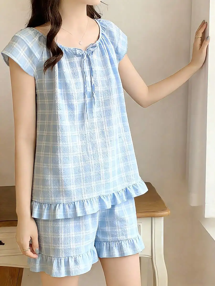 2pcs Women Plaid Print Pajama Set Cap Sleeve Front Tie Round Neck Shorts Relaxed Fit Spring Summer
2pcs Women Plaid Print Pajama Set Cap Sleeve Front Tie Round Neck Shorts Relaxed Fit Spring Summer