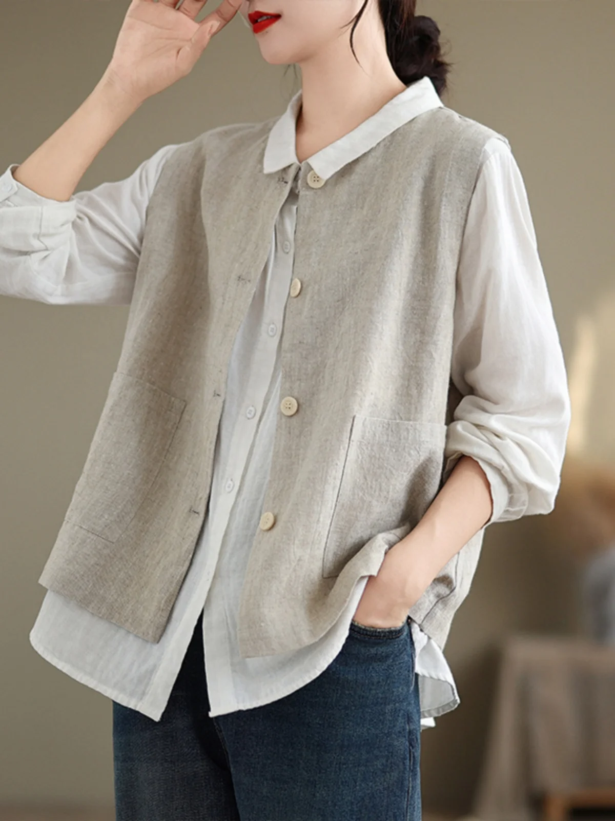 plus Size Women's Retro Linen Svel Vest Top Layering Outerwear Cardigan Sle Faionable round Ne Button-Up Jaet
plus Size Women's Retro Linen Svel Vest Top Layering Outerwear Cardigan Sle Faionable round Ne Button-Up Jaet