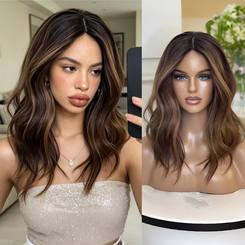 Short Wavy Synthetic Brown Highlights Lace Front Wigs 16Inch 13x4 Brunette Brown Wig Heat Resistant Fiber Daily Wear In Summer
Short Wavy Synthetic Brown Highlights Lace Front Wigs 16Inch 13x4 Brunette Brown Wig Heat Resistant Fiber Daily Wear In Summer