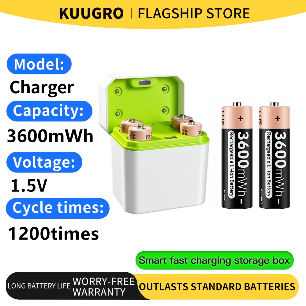 Kuugro 1.5V AA 3600mWh Rechargeable Battery with 4 Slot Battery Charger for Toy Game Console Mouse Remote Doorbell
Kuugro 1.5V AA 3600mWh Rechargeable Battery with 4 Slot Battery Charger for Toy Game Console Mouse Remote Doorbell