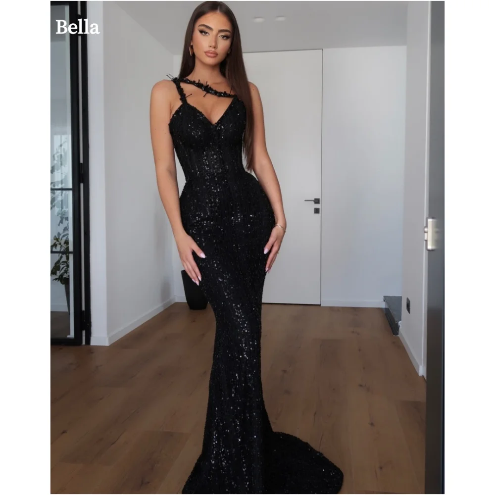 Bella Customized Black Sequins Mermaid robes de soirée Spaghetti Strap Evening Dresses Floor-Length V Neck Wedding Dress 2024
Bella Customized Black Sequins Mermaid robes de soirée Spaghetti Strap Evening Dresses Floor-Length V Neck Wedding Dress 2024