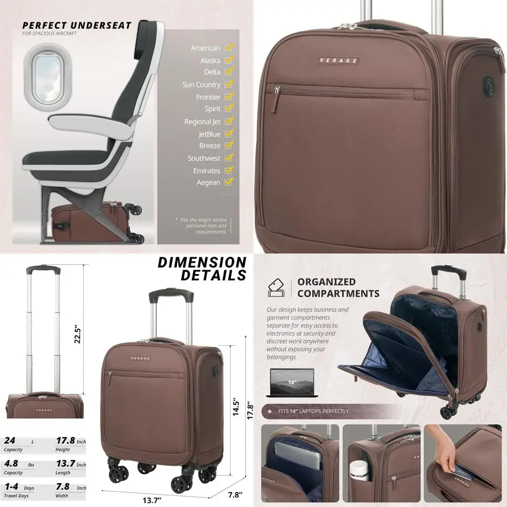 14.5 Softside Spinner Carry-On Suitcase - Lightweight Travel Bag, Airplane Approved, Chestnut Brown for Men & Women
14.5 Softside Spinner Carry-On Suitcase - Lightweight Travel Bag, Airplane Approved, Chestnut Brown for Men & Women