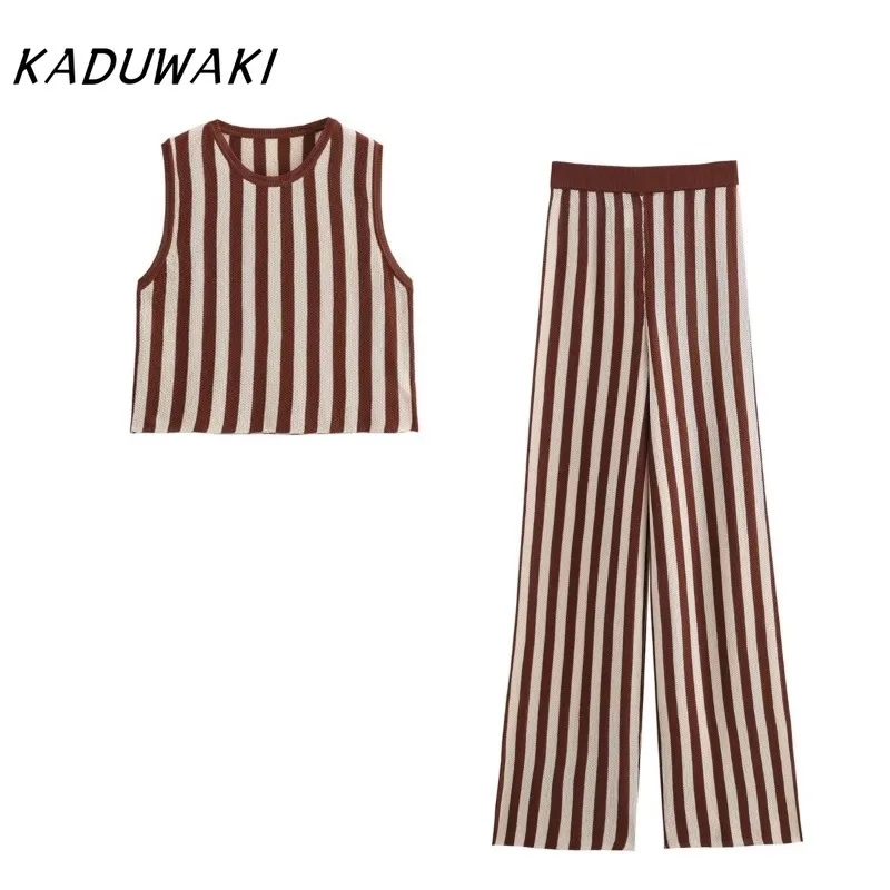 KADUWAKI Spring 2 Piece Set O Neck Sleeveless Knitted Stripe Short Crop Tops High Waist Casual Slim Elastic Waist Wide Leg Pants
KADUWAKI Spring 2 Piece Set O Neck Sleeveless Knitted Stripe Short Crop Tops High Waist Casual Slim Elastic Waist Wide Leg Pants