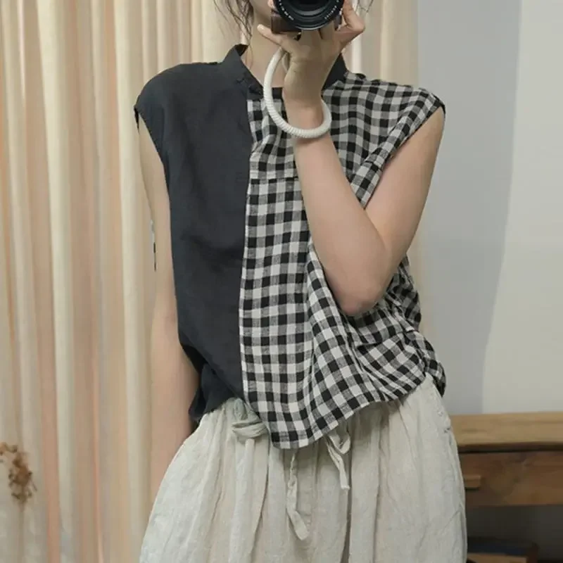 Women's Plaid and Solid Color Spliced Sleeveless Blouse Loose Fit Casual Summer Top
Women's Plaid and Solid Color Spliced Sleeveless Blouse Loose Fit Casual Summer Top