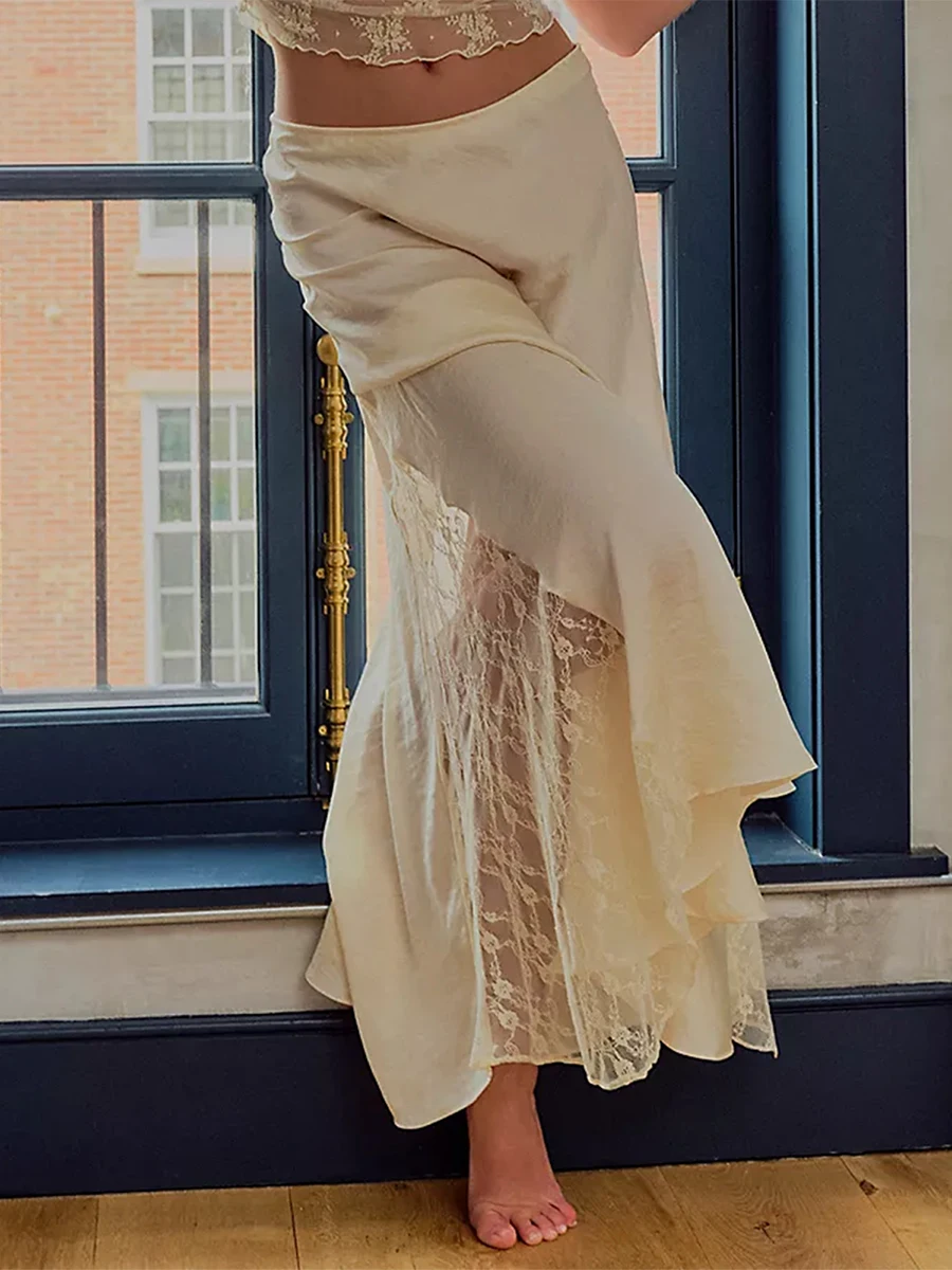 Women's Midi Skirt Low Waist Patchwork Lace Satin Skirt with Lace Flower Vintage Skirt for Summer
Women's Midi Skirt Low Waist Patchwork Lace Satin Skirt with Lace Flower Vintage Skirt for Summer