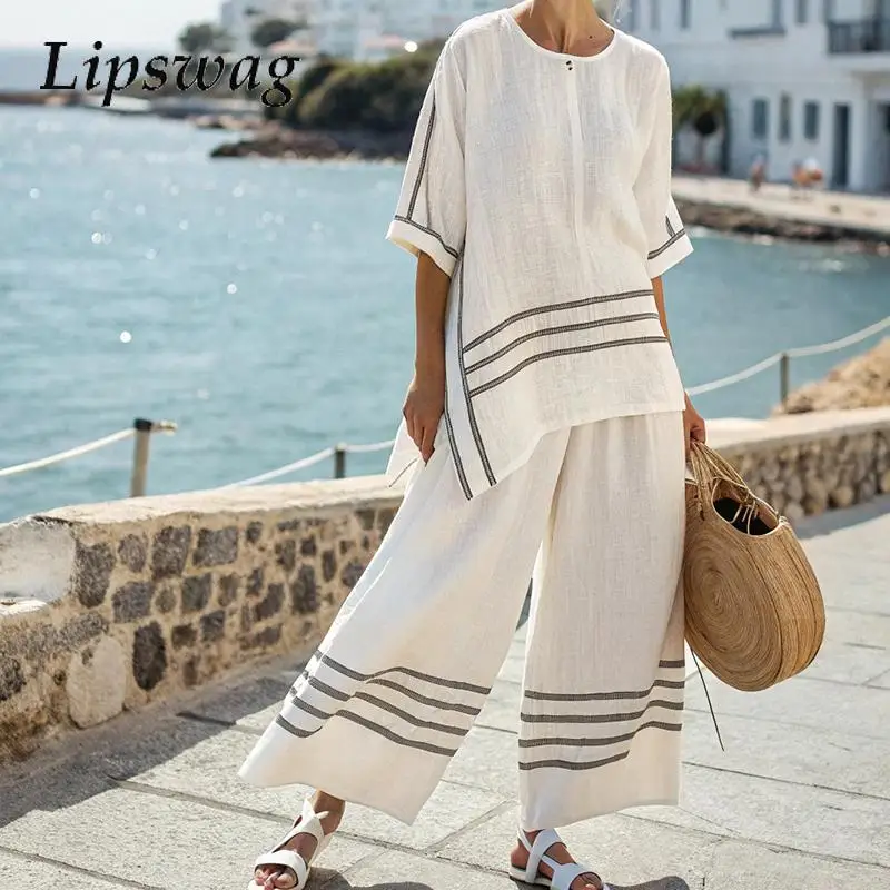 Fashion O-neck Pullover Top & Long Pant Set Women Casual Half Sleeve Loose 2Pc Outfit Elegant Stripe Print Patchwork Pocket Suit
Fashion O-neck Pullover Top & Long Pant Set Women Casual Half Sleeve Loose 2Pc Outfit Elegant Stripe Print Patchwork Pocket Suit