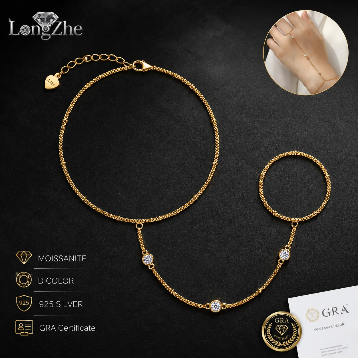 S925 Silver Moissanite Ring Bracelet 3 Stones 18+3cm Gold Plated Hand Chain for Women Daily Wear Party Fine Jewelry Gift
S925 Silver Moissanite Ring Bracelet 3 Stones 18+3cm Gold Plated Hand Chain for Women Daily Wear Party Fine Jewelry Gift