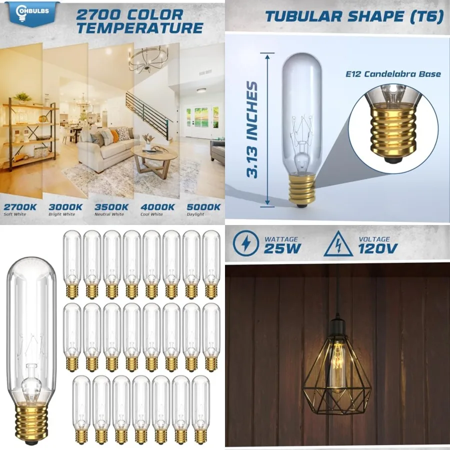 Mini T6 Tubular Incandescent Light Bulb -Pack 25W Bulbs, Clear Glass, Dimmable Warm White 2700K 180 Lumens E Candelabra Base 2.
Mini T6 Tubular Incandescent Light Bulb -Pack 25W Bulbs, Clear Glass, Dimmable Warm White 2700K 180 Lumens E Candelabra Base 2.