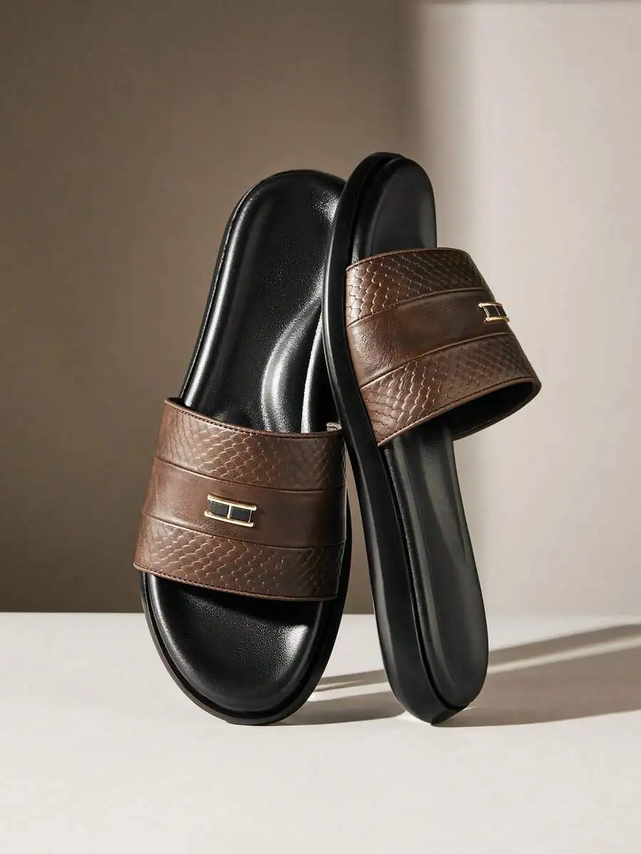 Metal Decor Men Slide Sandals, One Band Design Casual Comfort Daily Footwear
Metal Decor Men Slide Sandals, One Band Design Casual Comfort Daily Footwear