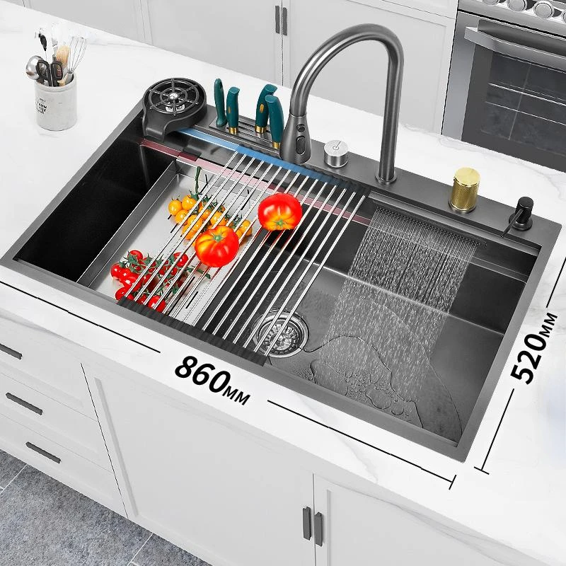 Black Nano Waterfall Kitchen Sink Stainless Steel Large Single Slot Wash Basin with Multifunction Touch Waterfall Fauce
Black Nano Waterfall Kitchen Sink Stainless Steel Large Single Slot Wash Basin with Multifunction Touch Waterfall Fauce