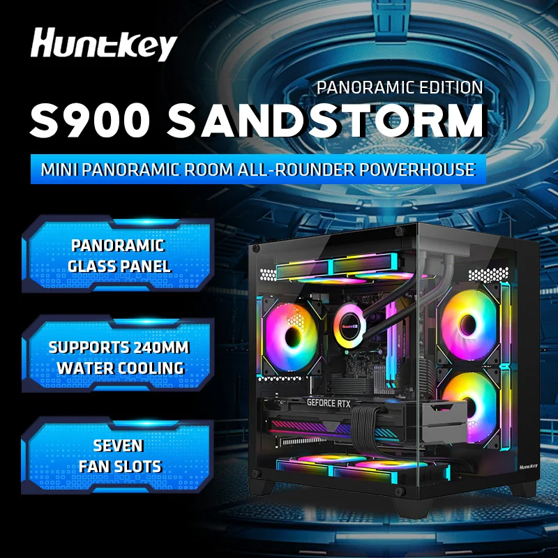 Huntkey S900 Blizzard Case Sea View Room Gaming Computer pc case M-ATX ITX Motherboard Double-sided tempered glass
Huntkey S900 Blizzard Case Sea View Room Gaming Computer pc case M-ATX ITX Motherboard Double-sided tempered glass