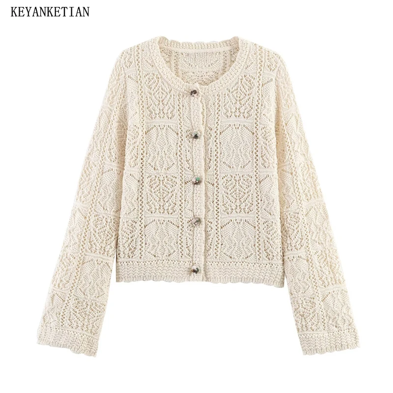KEYANKETIAN 2026 New Spring Women's Cream Crochet Knit Cardigan Hollow Out O-Neck Long Sleeve Button Down Casual Sweater Top
KEYANKETIAN 2026 New Spring Women's Cream Crochet Knit Cardigan Hollow Out O-Neck Long Sleeve Button Down Casual Sweater Top