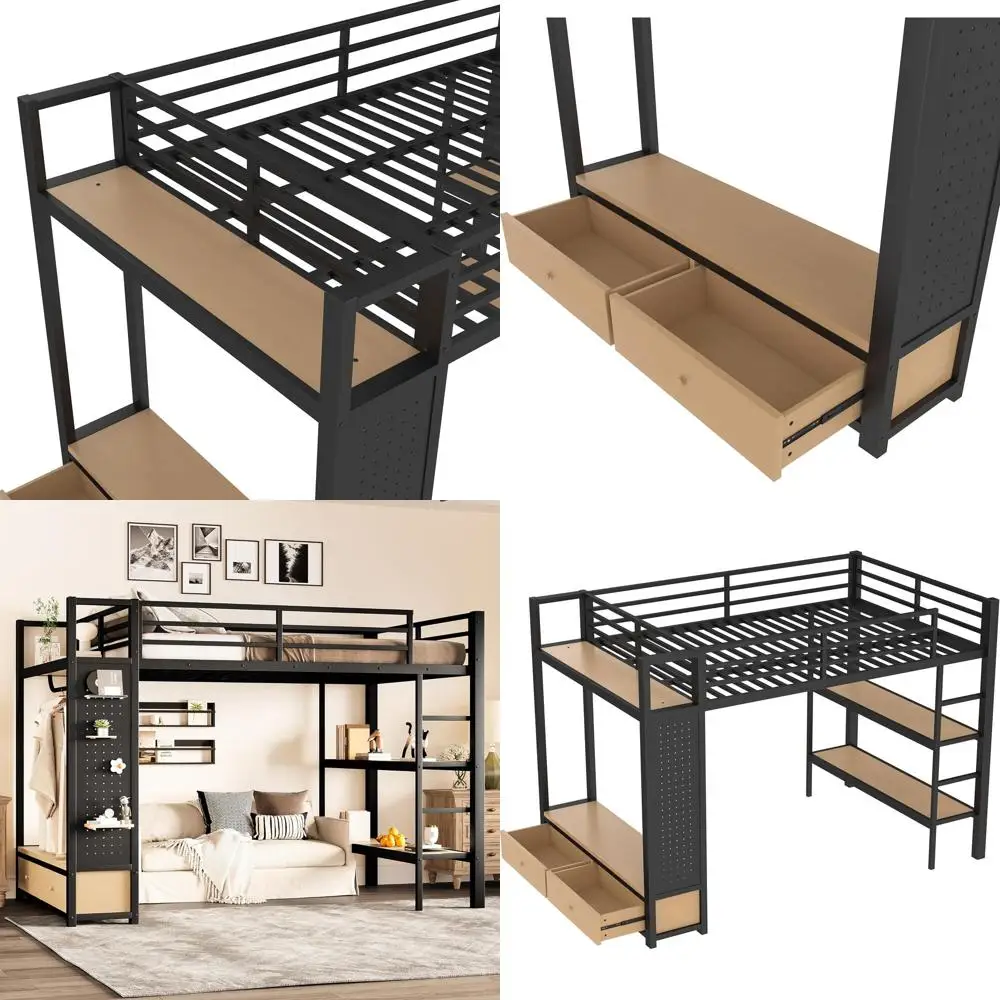 Металлическая кровать полноразмерная с гардеробом, полками для хранения и перфорированной панелью для взрослых, детей и подростков, черная.
Металлическая кровать полноразмерная с гардеробом, полками для хранения и перфорированной панелью для взрослых, детей и подростков, черная.
