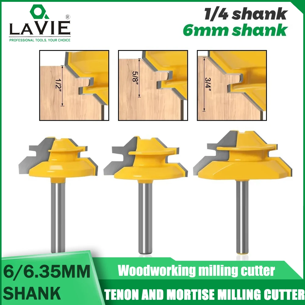 LAVIE 45 ° Lock Miter Router Bit 1/4" 6mm Shank Woodworking Tenon Milling Cutter Tool Drilling Milling for Wood Carbide Alloy
LAVIE 45 ° Lock Miter Router Bit 1/4" 6mm Shank Woodworking Tenon Milling Cutter Tool Drilling Milling for Wood Carbide Alloy