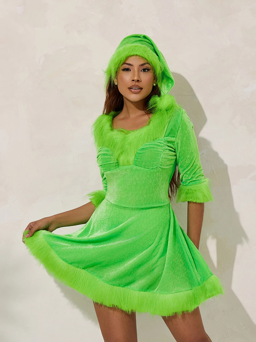 Christmas Santa Dress for Women, Plush Patchwork Half Sleeve V-Neck Classic Green Monster Cosplay Costumes Fur Patchwork Dress
Christmas Santa Dress for Women, Plush Patchwork Half Sleeve V-Neck Classic Green Monster Cosplay Costumes Fur Patchwork Dress