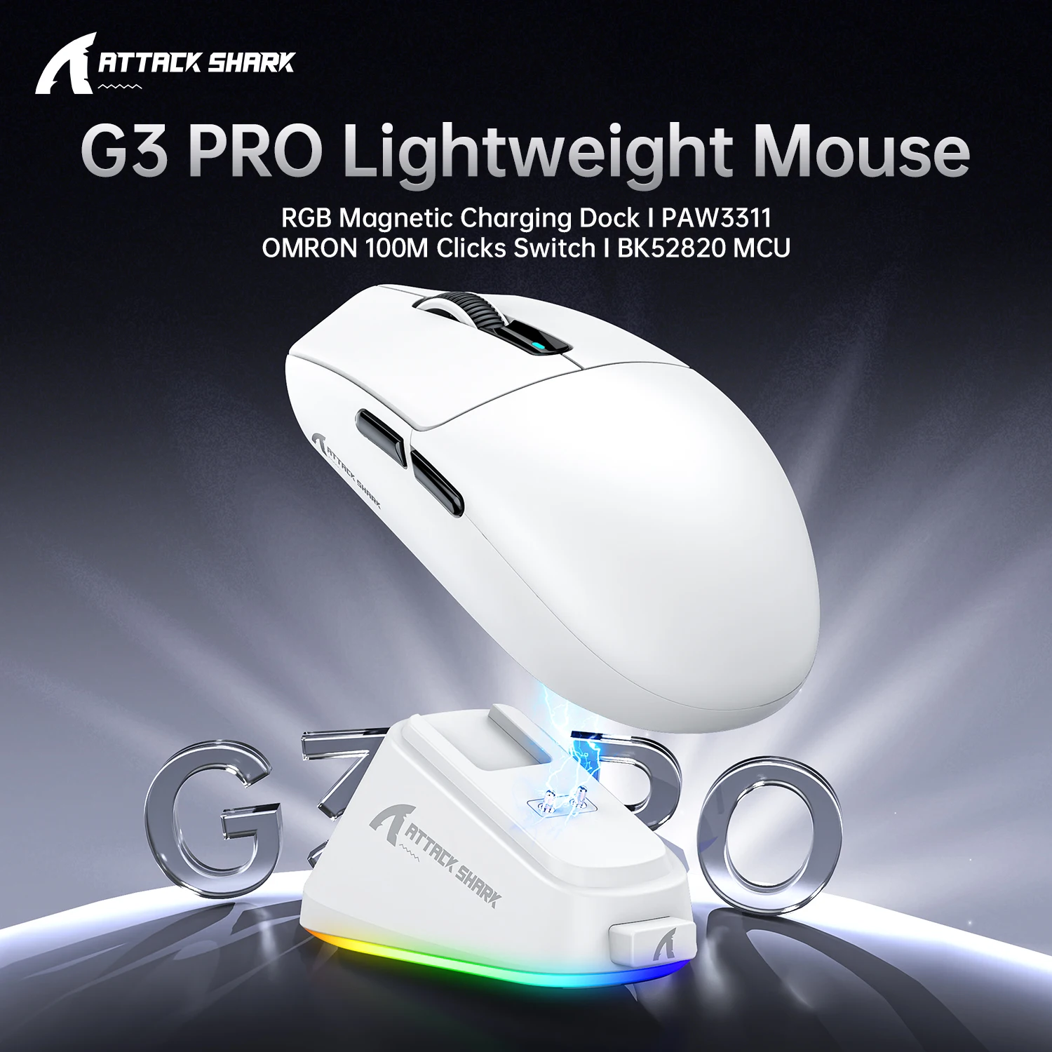 ATTACK SHARK G3PRO Gaming Mouse Wireless 1K Hz RGB Magnetic Dock | 62g Ultra Light | PAW3311 Sensor | OMRON 100M Clicks
ATTACK SHARK G3PRO Gaming Mouse Wireless 1K Hz RGB Magnetic Dock | 62g Ultra Light | PAW3311 Sensor | OMRON 100M Clicks