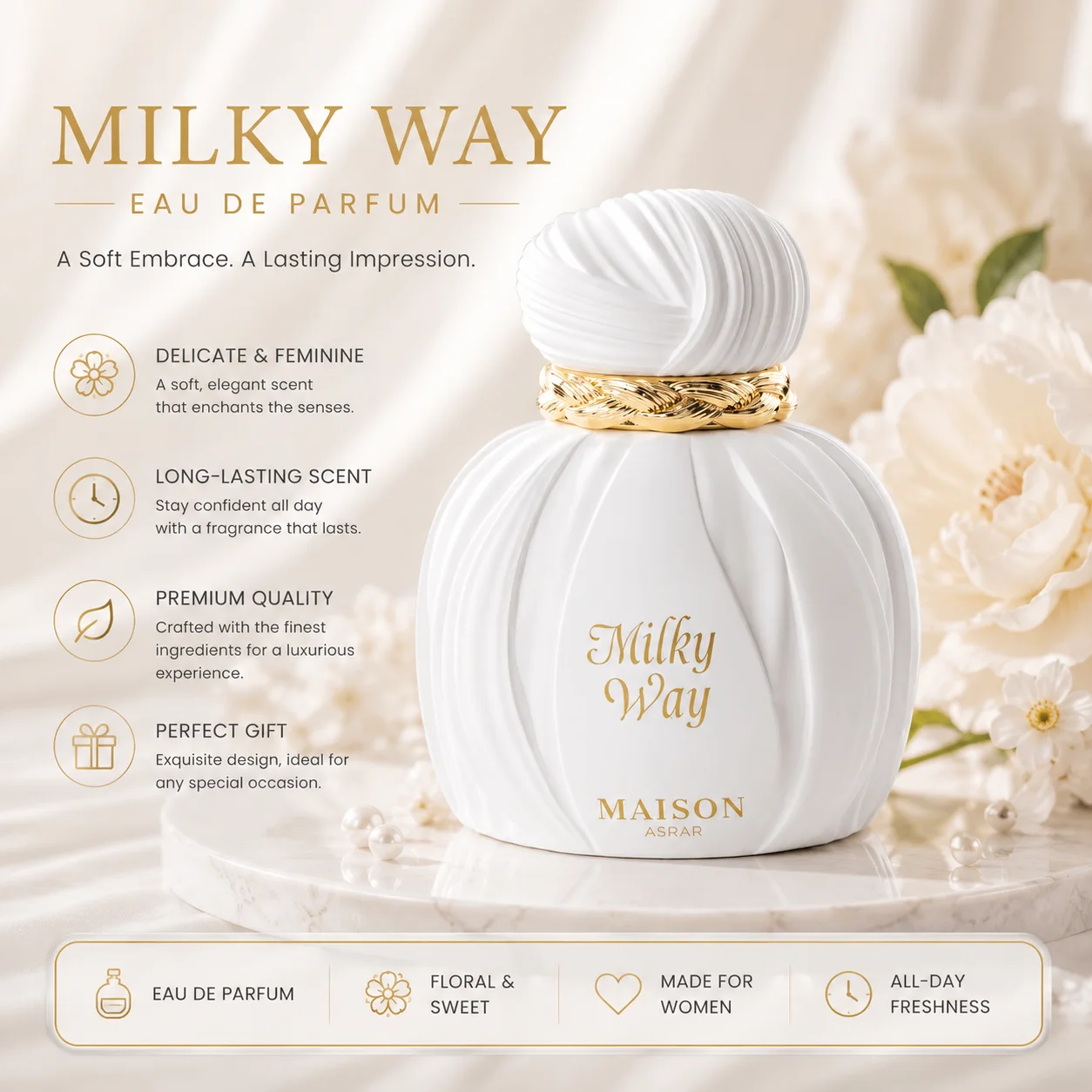 Maison Asrar Milky Way EDP 100ml - Creamy Vanilla Caramel Perfume Unisex - Long Lasting Gourmand Fragrance - Luxury Arabic Perfume Gift
Maison Asrar Milky Way EDP 100ml - Creamy Vanilla Caramel Perfume Unisex - Long Lasting Gourmand Fragrance - Luxury Arabic Perfume Gift