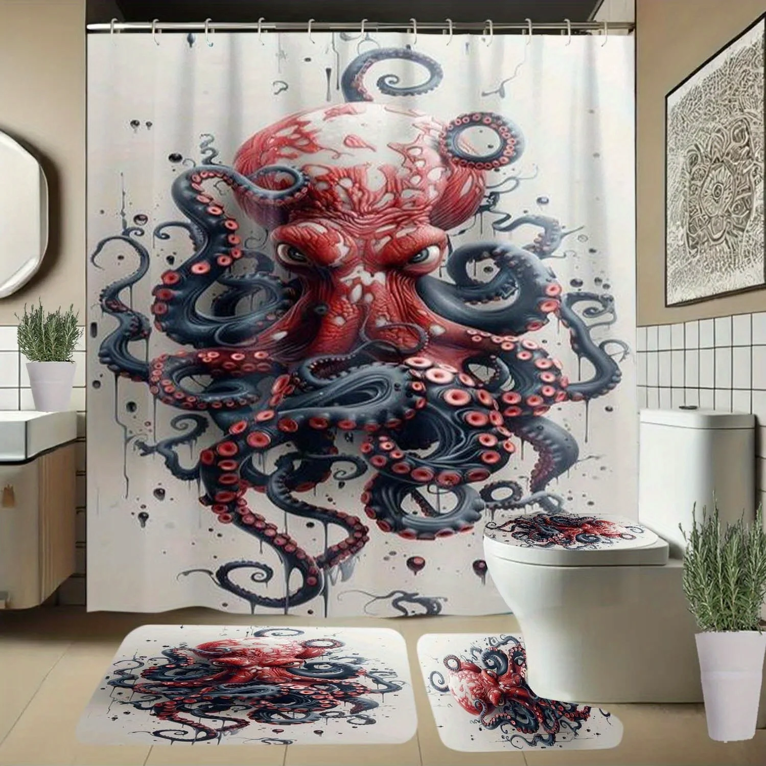 4pcs Octopus Shower Curtain, Suction Cup Pattern with Hooks, Bathroom Partition Curtain, Bathroom Accessory, All-Season
4pcs Octopus Shower Curtain, Suction Cup Pattern with Hooks, Bathroom Partition Curtain, Bathroom Accessory, All-Season