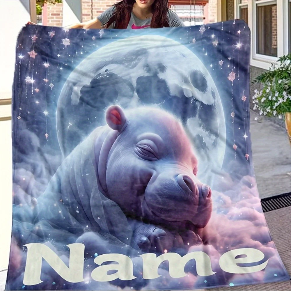 1pc Cozy Customizable Blanket with Moon Design, Pink Hippo Pattern, Personalized Name Text, Soft All-Season, Multi-Purpose
