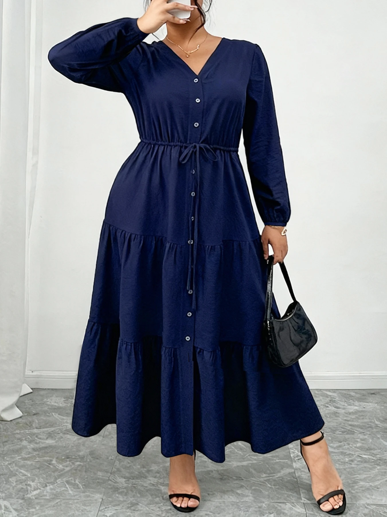 Plus Size Solid V Neck Button Front Drawstring Waist Long Sleeve Tiered Midi Dress For Women
Plus Size Solid V Neck Button Front Drawstring Waist Long Sleeve Tiered Midi Dress For Women