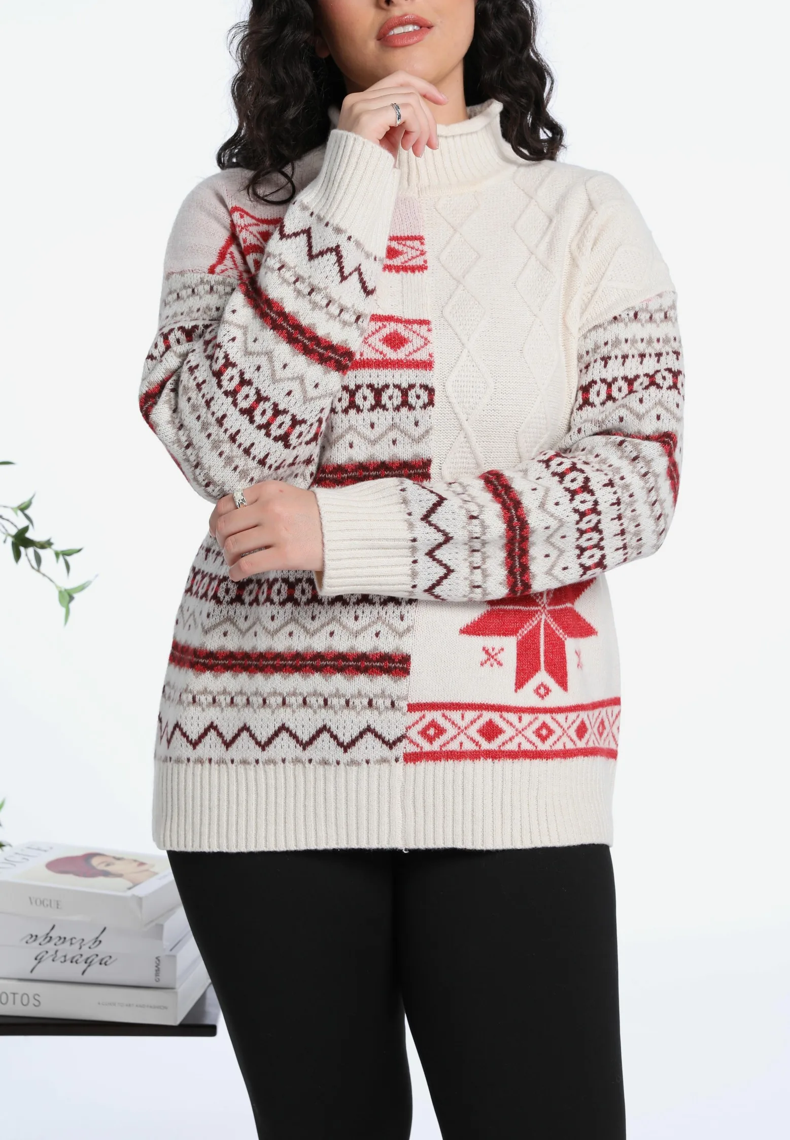 Plus Size Women's Vintage Geometric Jacquard Turtleneck Sweater – Loose Fit Long Sleeve Knit Top for Fall Winter
Plus Size Women's Vintage Geometric Jacquard Turtleneck Sweater – Loose Fit Long Sleeve Knit Top for Fall Winter