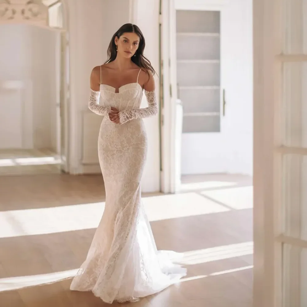Women's Boho Spaghetti Straps Lace Sheath Wedding Dress Court Lace up Wedding Gowns with Detachable 3/4 Sleeves Customized
Women's Boho Spaghetti Straps Lace Sheath Wedding Dress Court Lace up Wedding Gowns with Detachable 3/4 Sleeves Customized