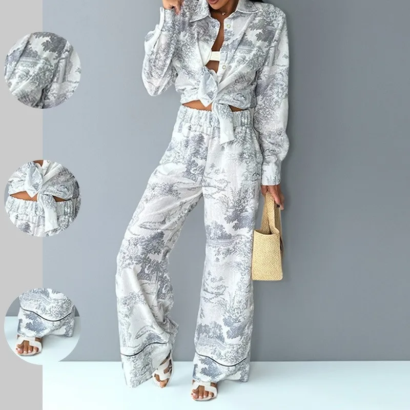 Spring Women's Clothing Casual Printed Tie Shirt And Long Pants Set For Woman Polyester Comfortable Two Piece Matching Outfit
Spring Women's Clothing Casual Printed Tie Shirt And Long Pants Set For Woman Polyester Comfortable Two Piece Matching Outfit