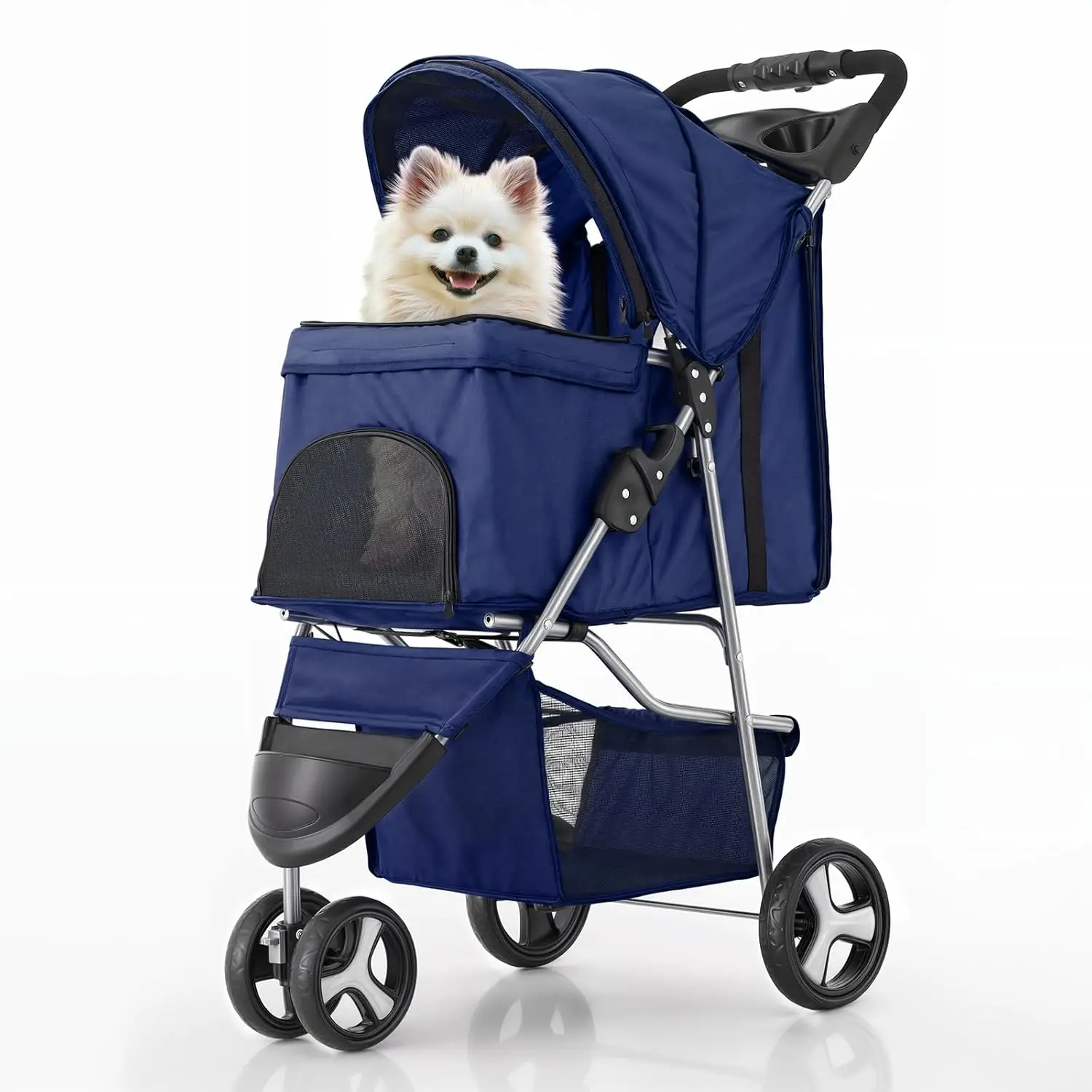 Foldable 3-Wheel Pet Stroller with Weather Cover, Storage Basket, Cup Holder for Small/Medium Dogs and Cats in Blue
Foldable 3-Wheel Pet Stroller with Weather Cover, Storage Basket, Cup Holder for Small/Medium Dogs and Cats in Blue