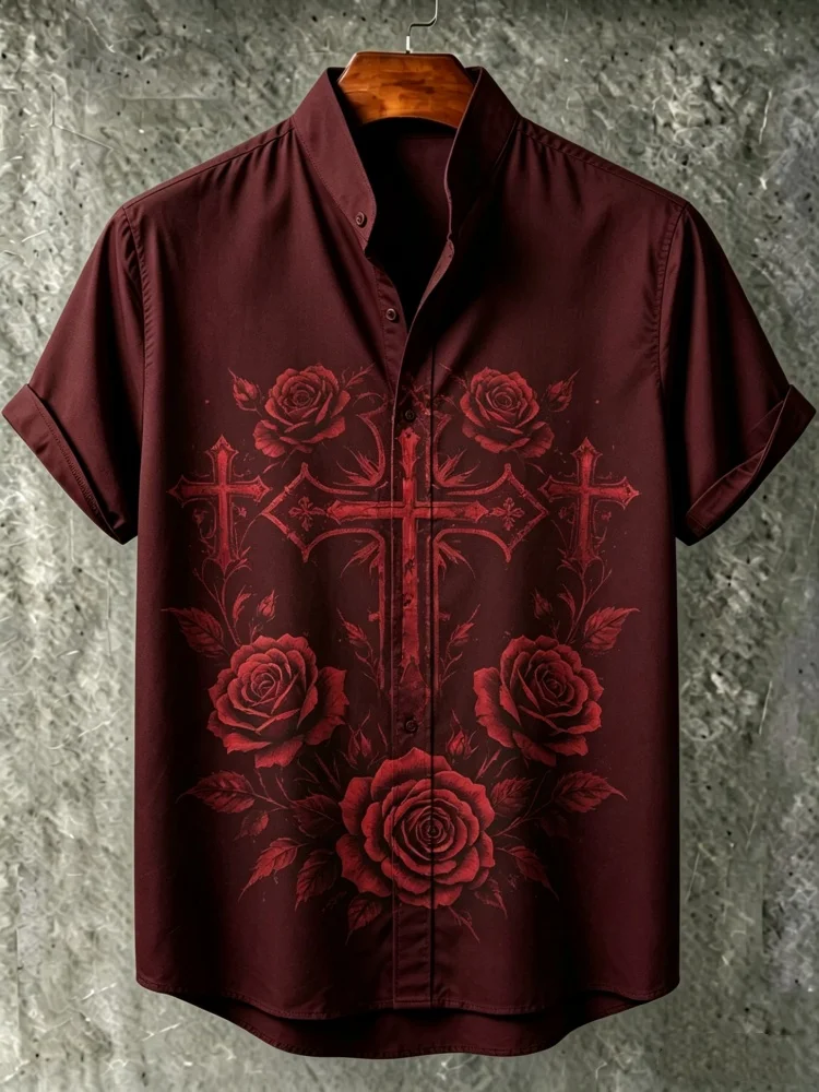 Men's Gothic Cross & Rose Print Stand Collar Short Sleeve Shirt Loose Comfort Casual Streetwear Top
Men's Gothic Cross & Rose Print Stand Collar Short Sleeve Shirt Loose Comfort Casual Streetwear Top