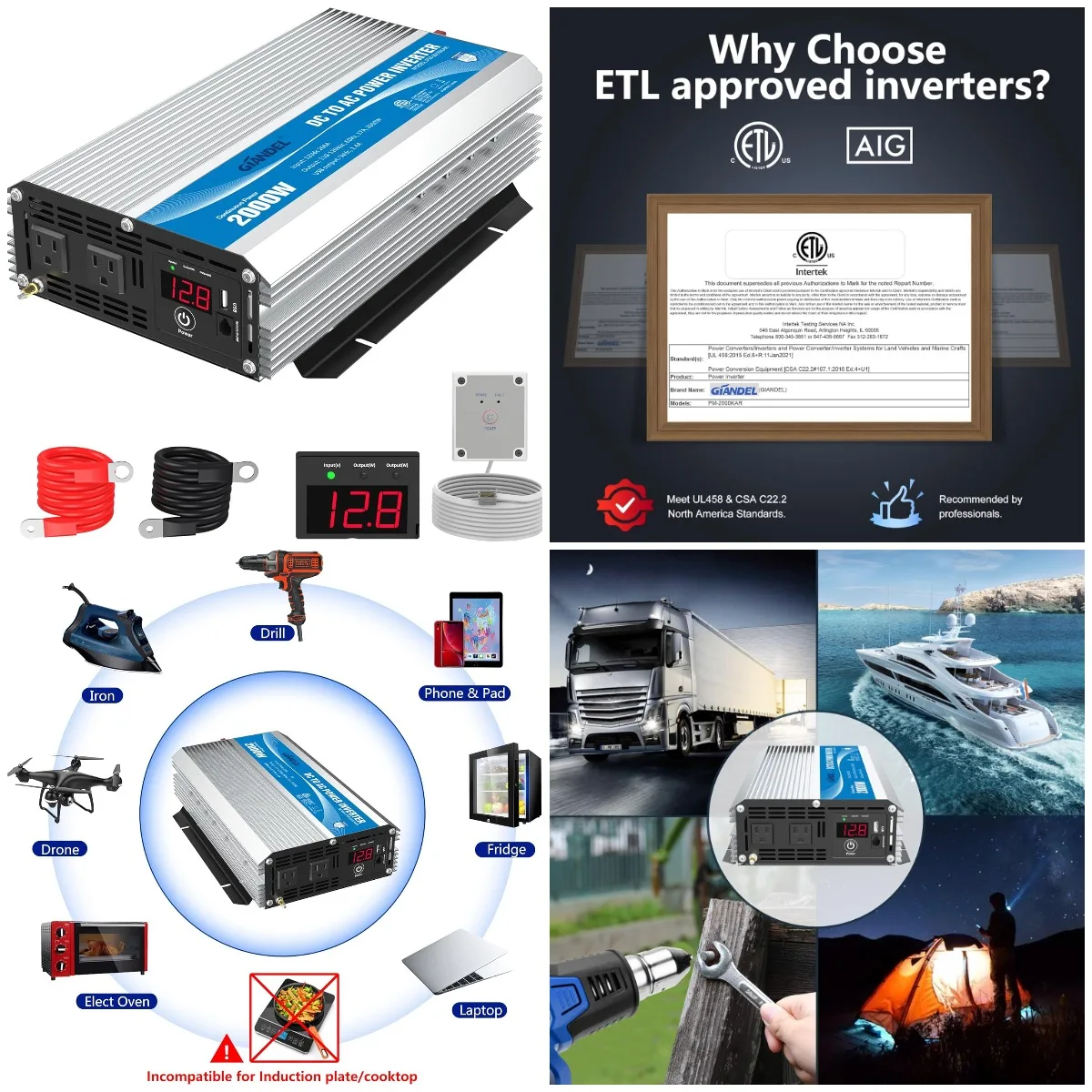 2000W Inverter 12V to 110V AC ETL Listed UL458, LED Display, Dual Outlets for RV, Solar, Boat
2000W Inverter 12V to 110V AC ETL Listed UL458, LED Display, Dual Outlets for RV, Solar, Boat