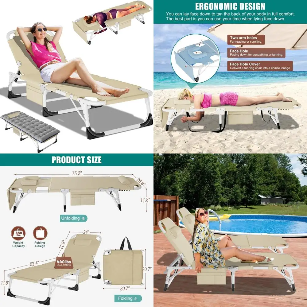 Heavy-Duty Tanning Chair with Face Hole, 5-Position Adjustable Folding Chaise Lounge for Outdoor Use, Portable Relaxation Option
Heavy-Duty Tanning Chair with Face Hole, 5-Position Adjustable Folding Chaise Lounge for Outdoor Use, Portable Relaxation Option