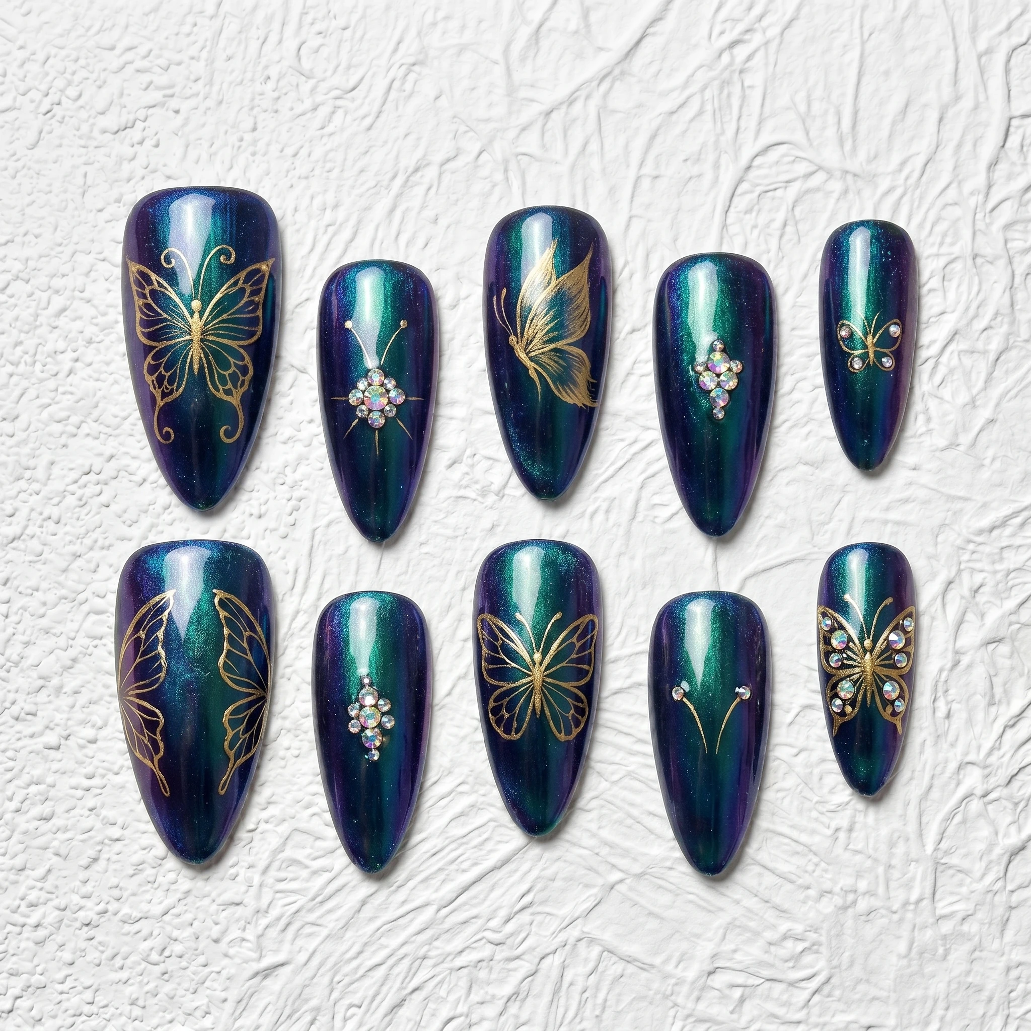 Artisan Handcrafted 10PCS Stiletto Peacock Green Nails | Gold Butterfly, Rhinestones, Glitter for Elegant Events Salon Finish
Artisan Handcrafted 10PCS Stiletto Peacock Green Nails | Gold Butterfly, Rhinestones, Glitter for Elegant Events Salon Finish