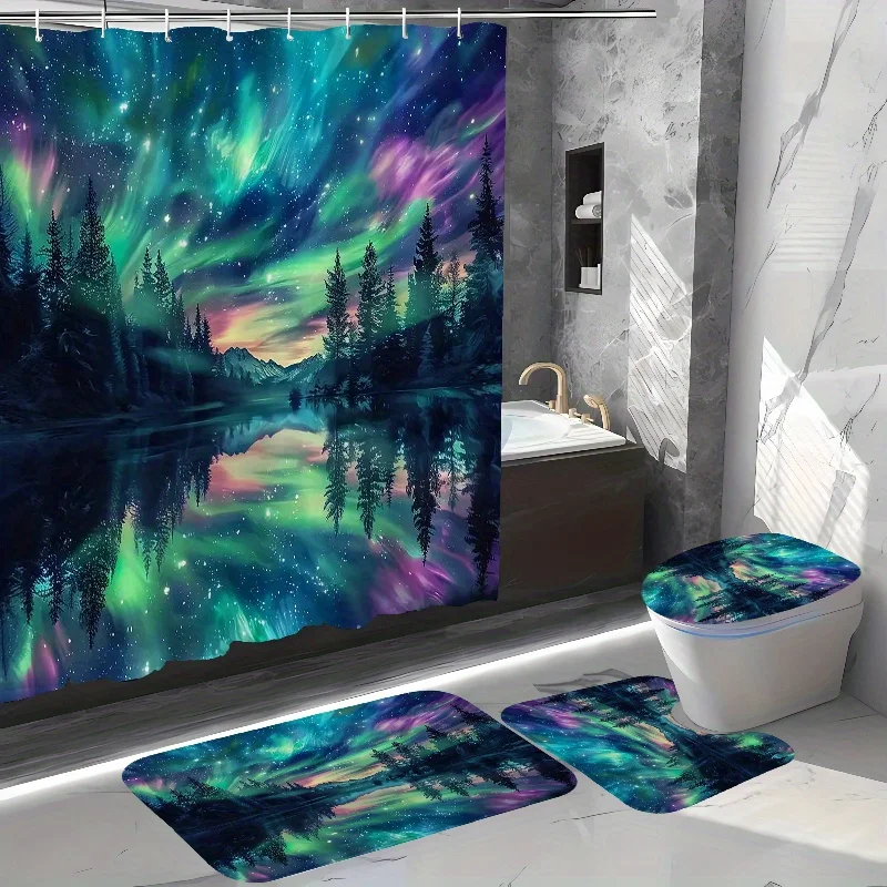 Набор для ванной комнаты Mystical Aurora Borealis Forest — водонепроницаемая занавеска для душа, крышка унитаза, коврик для ванной и контурный коврик
Набор для ванной комнаты Mystical Aurora Borealis Forest — водонепроницаемая занавеска для душа, крышка унитаза, коврик для ванной и контурный коврик