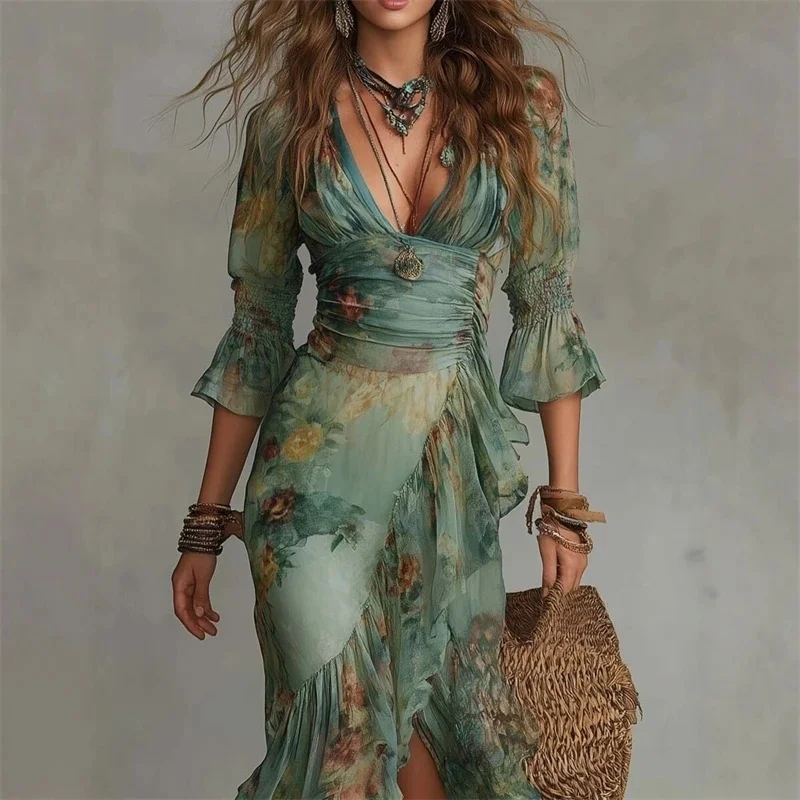 Dress For Women Fashionable European And American Spring And Summer New Print V-neck Vacation Style Elegant Irregular Floral
Dress For Women Fashionable European And American Spring And Summer New Print V-neck Vacation Style Elegant Irregular Floral