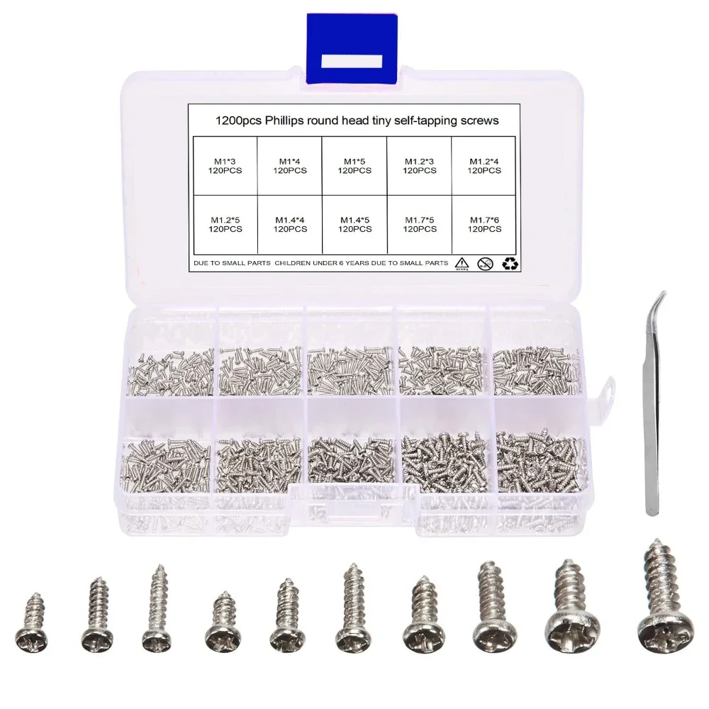1200Pcs Small Screws set ,Mini Self-Tapping Electronic Screw kit M1/M1.2/M1.4/M1.7 with Tweezers for DIY Sunglasses Watch Repair
1200Pcs Small Screws set ,Mini Self-Tapping Electronic Screw kit M1/M1.2/M1.4/M1.7 with Tweezers for DIY Sunglasses Watch Repair