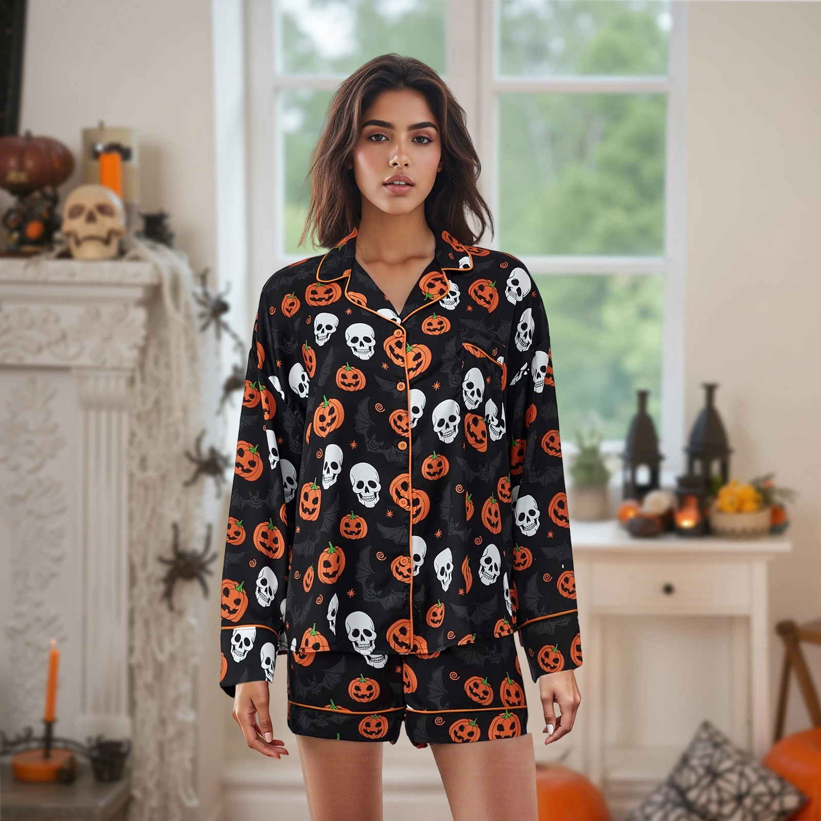 Dourbesty Women Halloween Pajamas Loungewear Set Pumpkin/Skull Print Long Sleeve Button Shirts Tops and Shorts 2 Pieces Outfits
Dourbesty Women Halloween Pajamas Loungewear Set Pumpkin/Skull Print Long Sleeve Button Shirts Tops and Shorts 2 Pieces Outfits